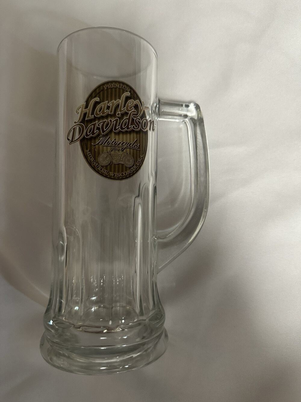 Vintage harley davidson motorcycles clear beer glass Milwaukee Wisconsin 8"